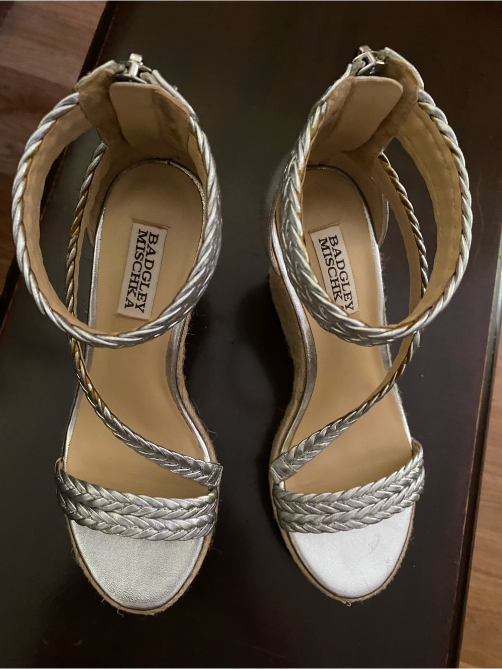 Badgley Mischka Metallic Silver Braided Wedge Sandals